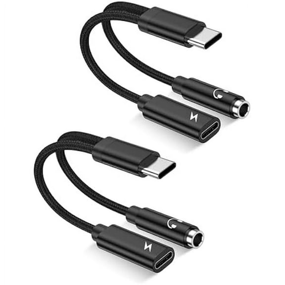2Pack 2 in 1 USB C to 3.5mm Aux Adapter, Android Dongle C to C Fast Charging for Samsung Galaxy, Apple iPhone 15 Headphone Jack Adapter, 60W PD Aux Audio Cord Adoptor, Aux Male to Female Converter