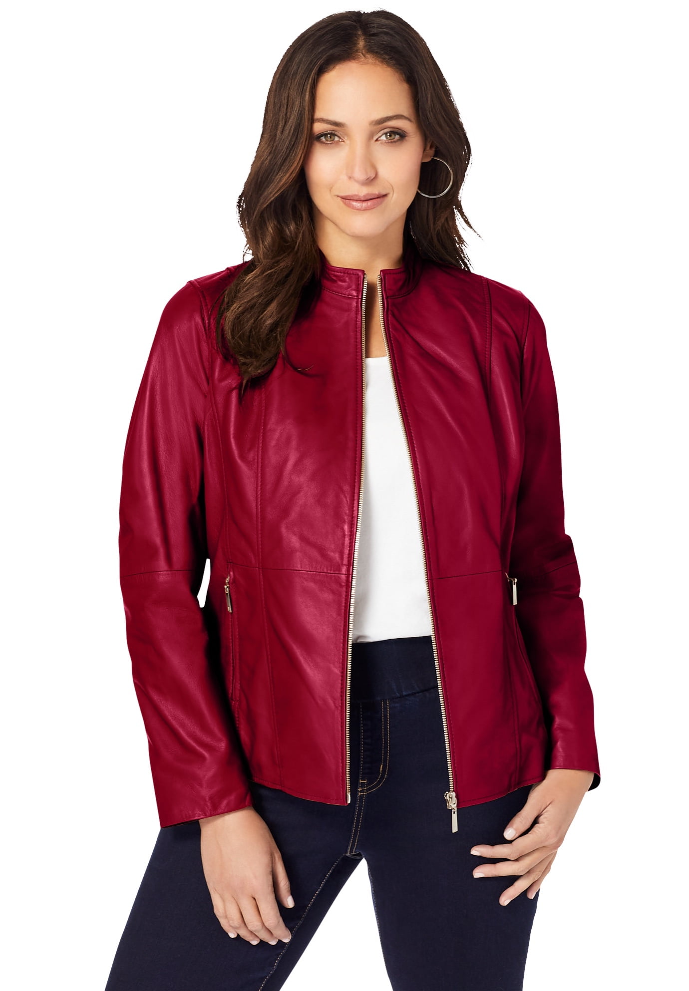 Ellos Womens Plus Size Zip Front Leather Jacket