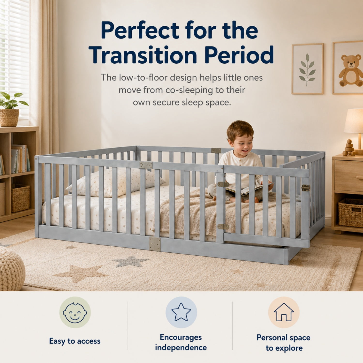 Miniyam Wooden Twin Size Floor Bed for Kids with Door, High Safety Fence, Gray