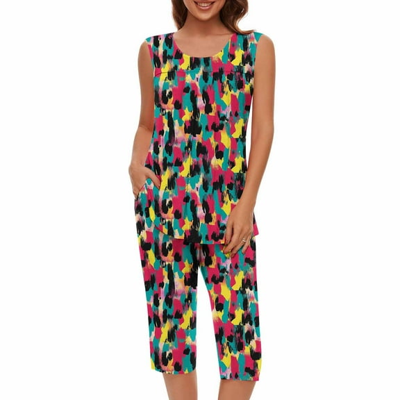 Women's Pajama Sets Clearance Two Piece Sleep Sets for Women Sleeveless Pjs for Women Set Loose Fit Tank Top and Dressy Capri Pants