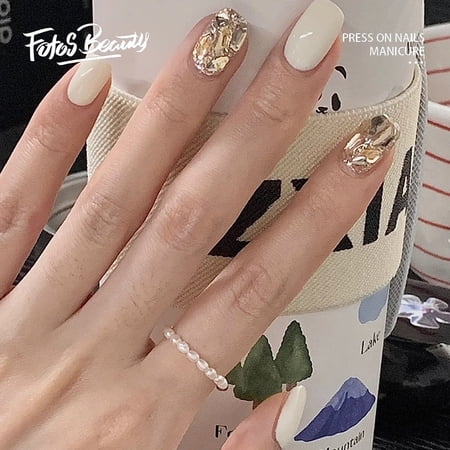 Fofosbeauty 24pcs Press on False Nails Tips, Square Fake Nails, Square Creamy White Sparkling Champagne Powder