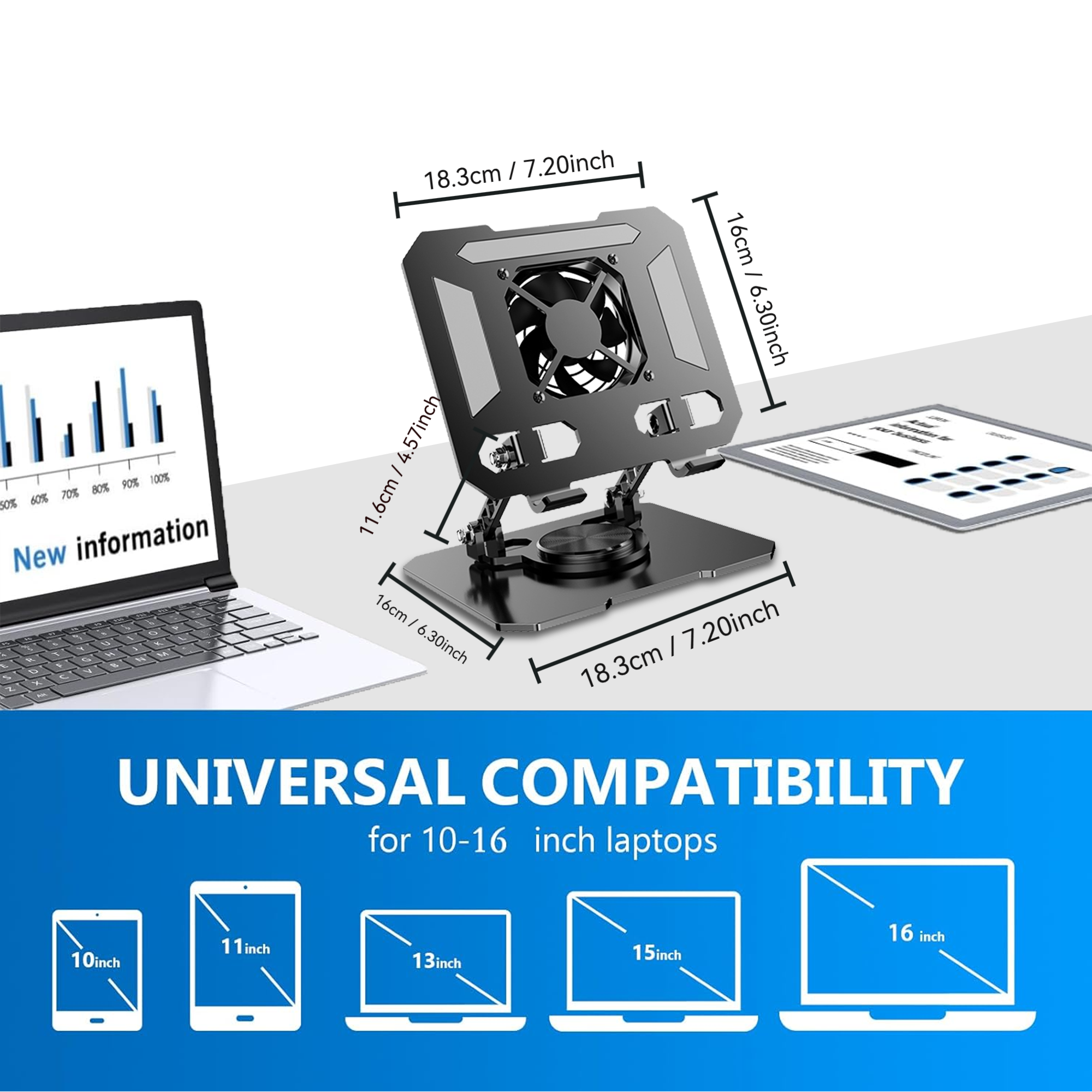 TIKBBRMG Tablet Stand for Desk with Quiet Cooling Fan, Adjustable Universal Tablet Holder with Multi Angle Aluminium Alloy, 360° Swivel Base, Black