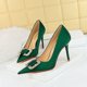 thumbnail image 4 of Zapatos de tacón alto de moda para banquetes con tacones finos, de boca poco profunda, puntiagudos, de satén, con botones de diamantes de imitación de metal para mujeres, 4 of 5