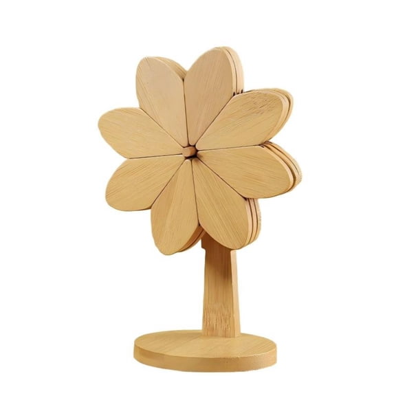 Coasters For Drinks With Holder, 3 Pcs Flower - Shaped Bamboo Coasters & 1 Pc Base, Heat - Resistant Table Mats For Home Dining Table, Coffee Table, Office Desk
