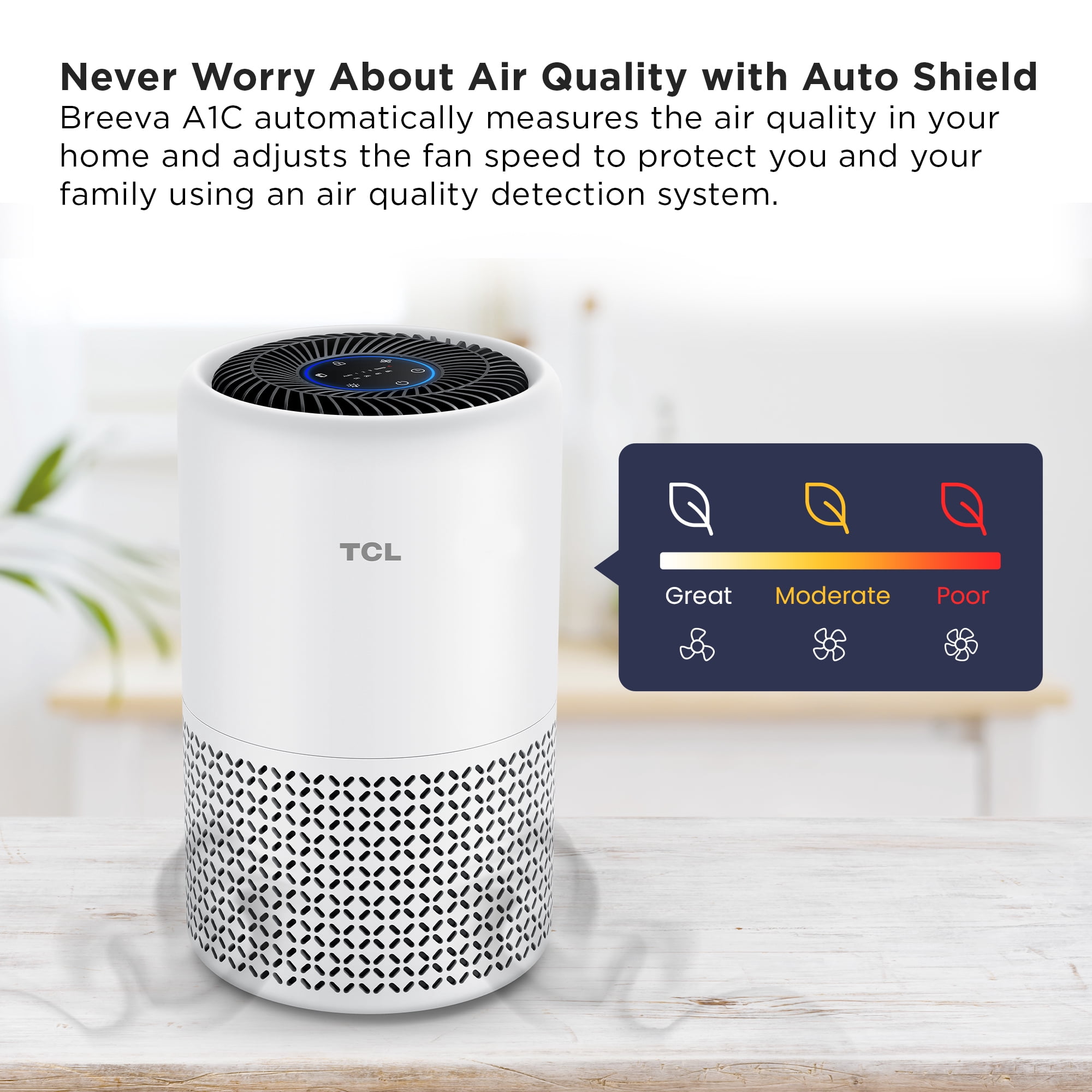 TCL Breeva A1C Air Purifier for Home, Bedroom, Up to 1015 ft², Auto Mode, H13 True HEPA Filter, Filter 99.97% Allergies, Smoke, Odor, Pet, Hair, Dust, Pollen, White (A1C14W)
