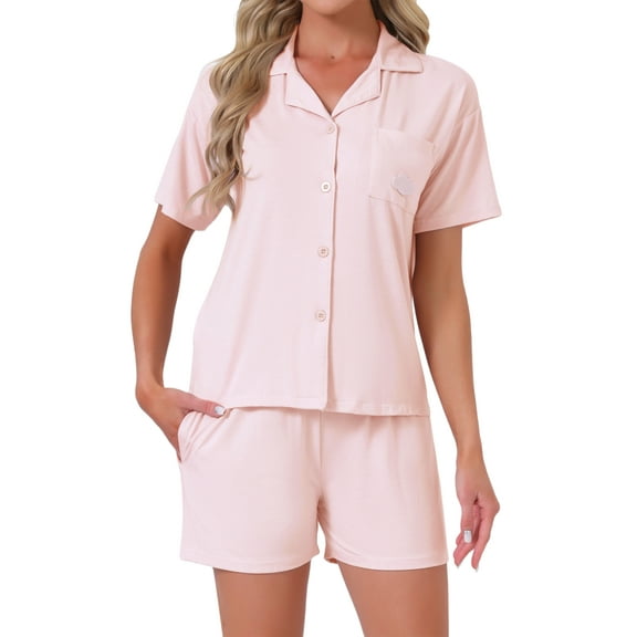 INSPIRE CHIC Womens Solid Pajama Sets Short Sleeves Cute Soft Comfy Highly Elastic Button Up Tops and Shorts 2 Pcs L Pink