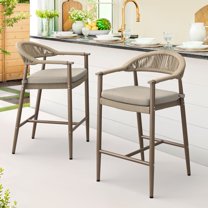 Dycanpo 24.8''H Outdoor Bar Stool Set of 2 with Removable Cushion, Boho Rattan for Patio,Pool, Brown