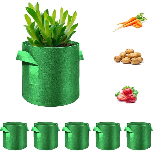 Paquete de 5 bolsas de cultivo, macetas de tela no tejida resistentes con asas, bolsas de cultivo para verduras, flores, plantas y frutas, verde