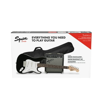 Squier Stratocaster Electric Guitar Starter Pack, Black, with Amplifier and Gig Bag