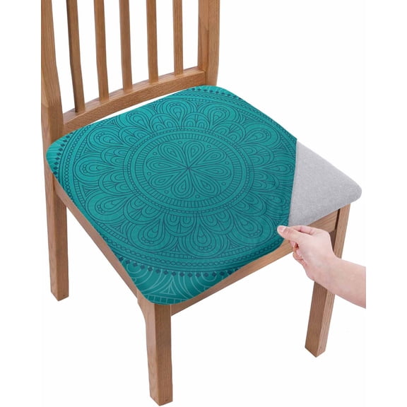 Teal Boho Chair Seat Covers for Dining Room Stretch Chair Seat Covers Set of 2, Farmhouse Abstract Geometric Aesthetic Art Chair Seat Protector Cushion Slipcovers for Kitchen Restaurant Office