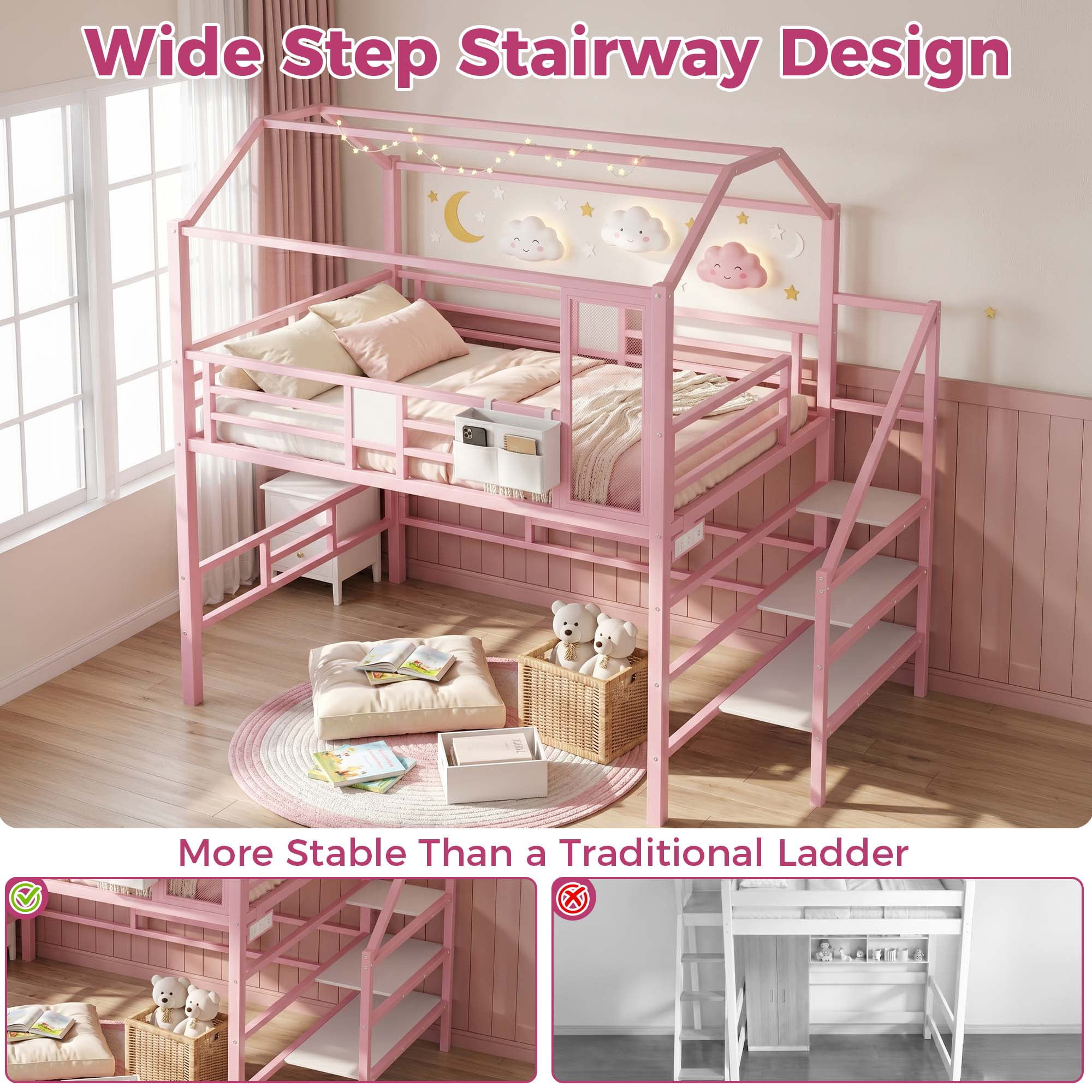 Miniyam Full Size Bunk Bed with Stairs, House Bed Design with Charging Station and Storage Bag Led Light, Pink