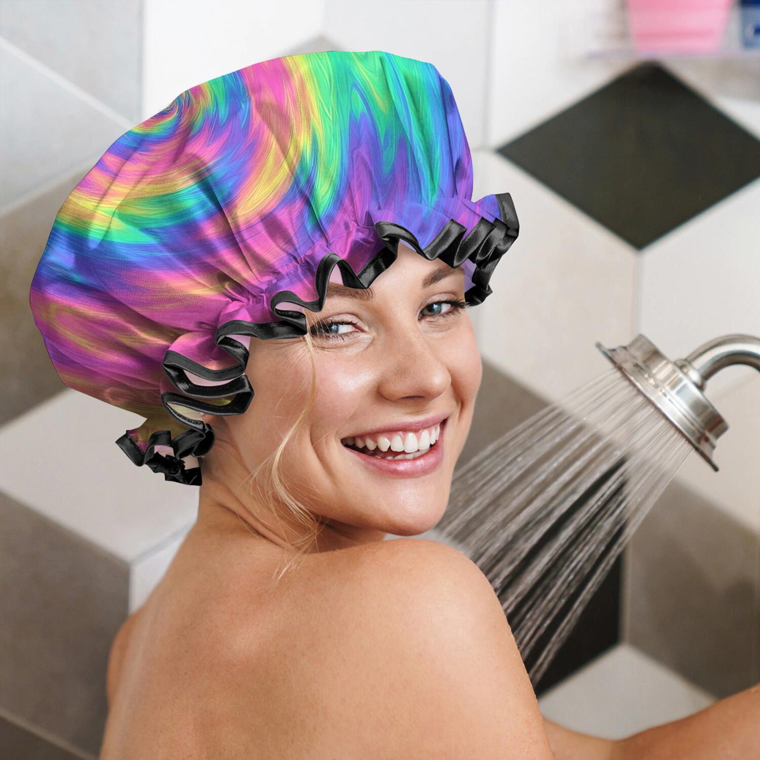 Shower Caps,Rainbow Tie Dye Spiral Pattern Waterproof Shower Cap for Women 4 Pieces,Double Reusable Hair Cover for Shower PEVA Elastic Stretch Hem