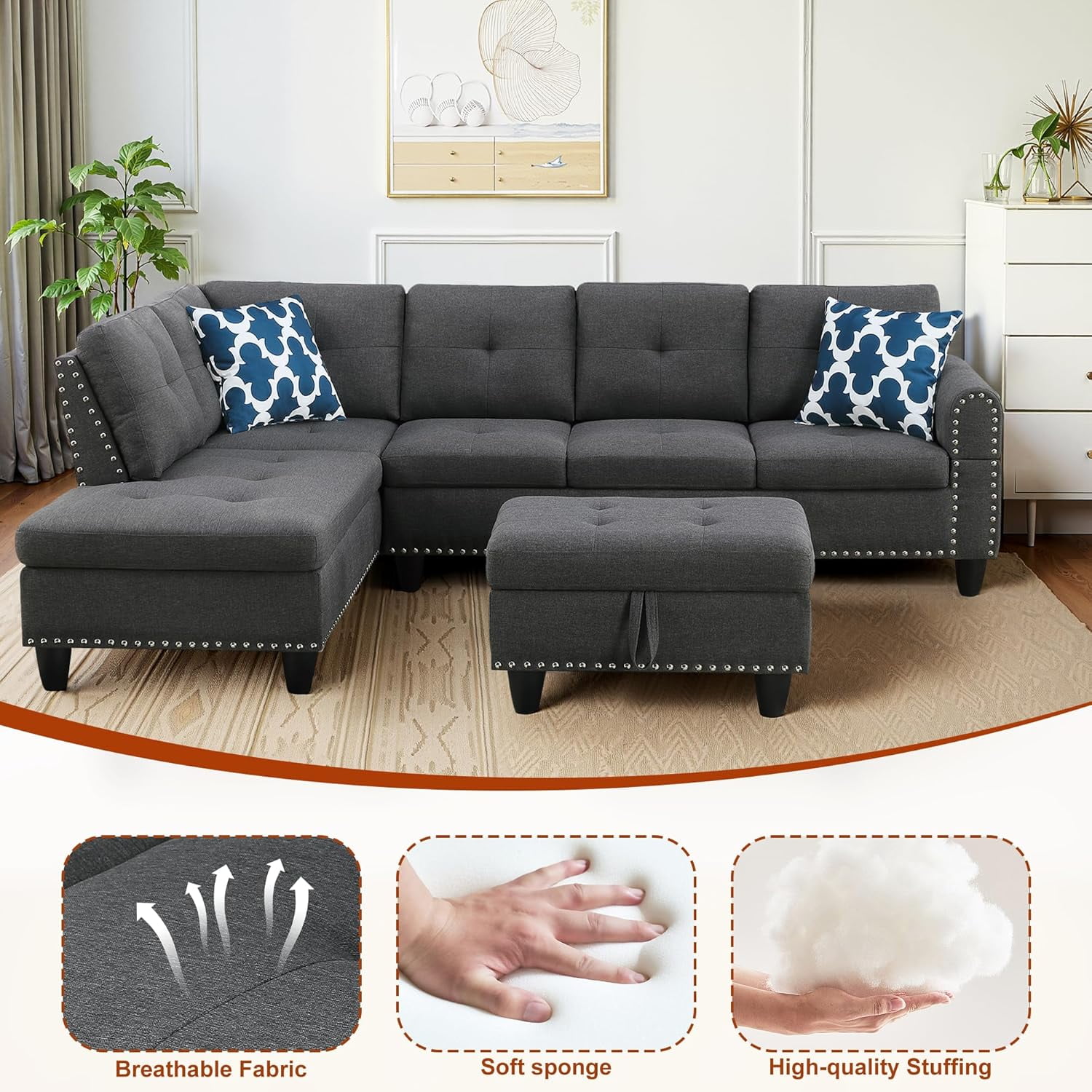 AENKYO 98" L-Shaped Sectional Sofa with Reversible Chaise, Storage Ottoman & Cup Holders, Dark Gray
