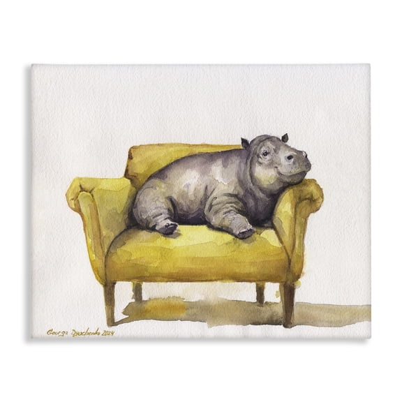 Stupell Industries Hippo on Yellow Chair Animals Painting Wrapped Canvas Art Print Wall Art, 20 x 16