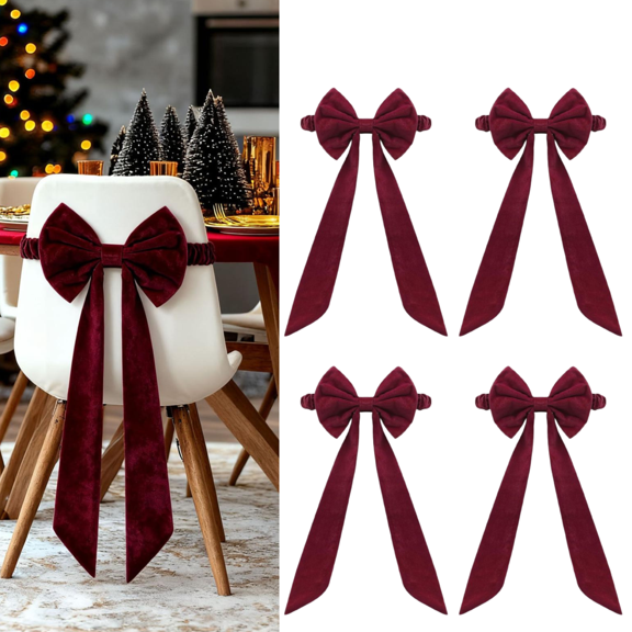 Christmas Decorations Indoor, Christmas Kitchen Decor, 4 Pack Burgundy Chair Sashes, Velvet Chair Bows, Burgundy Chair Christmas Bows, Party Chair Covers for Wedding Christmas Holiday Festival Decor