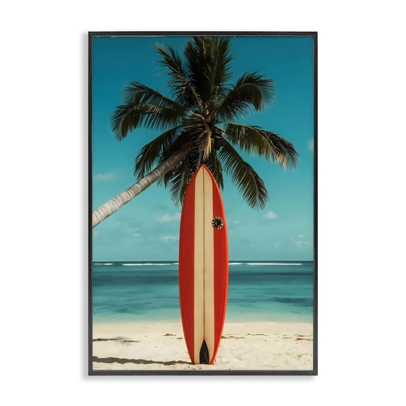 Stupell Industries Coastal Single Palm Tree & Surfboard Black Framed Giclee Art, 12 x 18, by Creative Studio