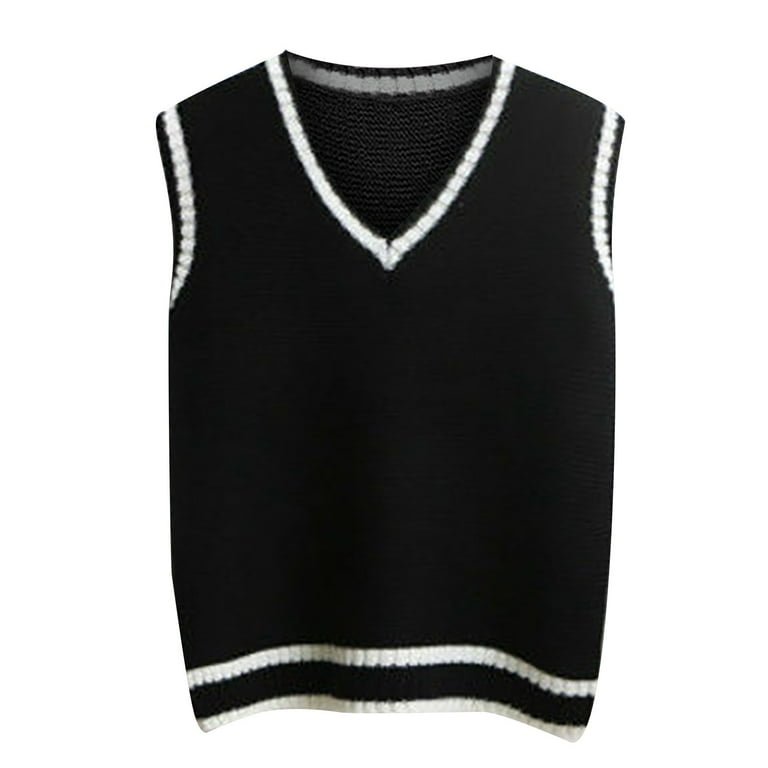 Juebong Christmas Deals 2022 Women Streetwear Knitwear Fashion Vest Tops V  Neck Argyle Plaid Knitted Sweater,Black,S