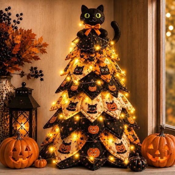 DIY Halloween Quilted Fabric Tree Kit, Lighted Black Cat 3D Patchwork Craft Set, Halloween Tabletop Shelf Decor for Mantel and Entryway