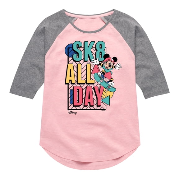 Disney - Mickey & Friends - SK8 All Day - Skater Mickey - Toddler And Youth Girls Raglan Graphic T-Shirt