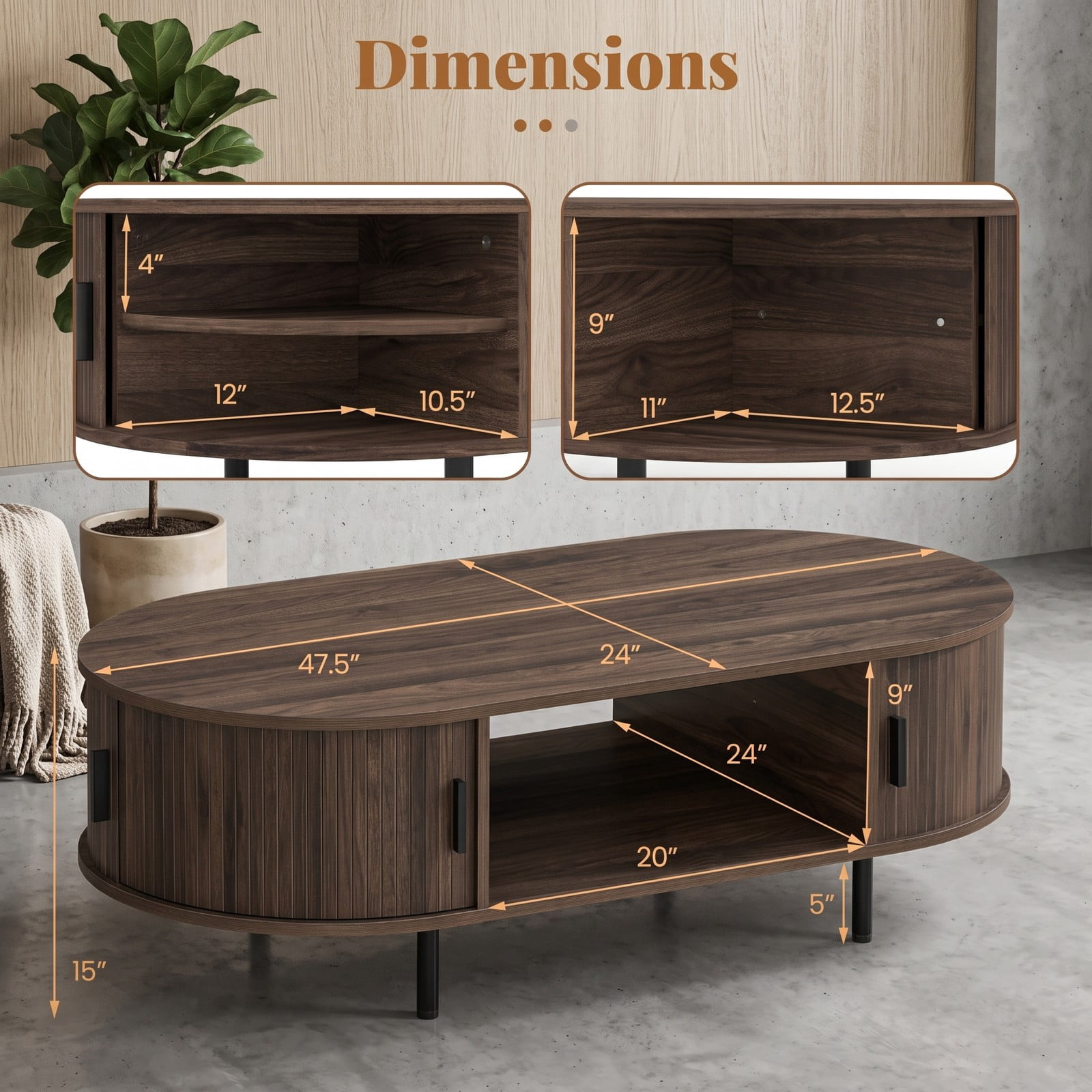 Furnibear Oval Coffee Table 47.5 Inch Wooden Center Table with Storage Shelves and Sliding Doors for Living Room, Walnut
