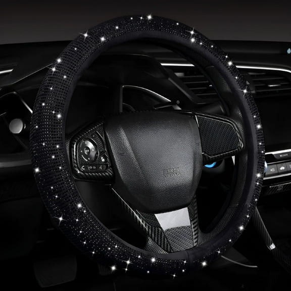 MELIVO Black Velvet Steering Wheel Cover with Black Diamonds, 15 inch Standard Glitter Rhinestone Car Wheel Cover, Full Covered