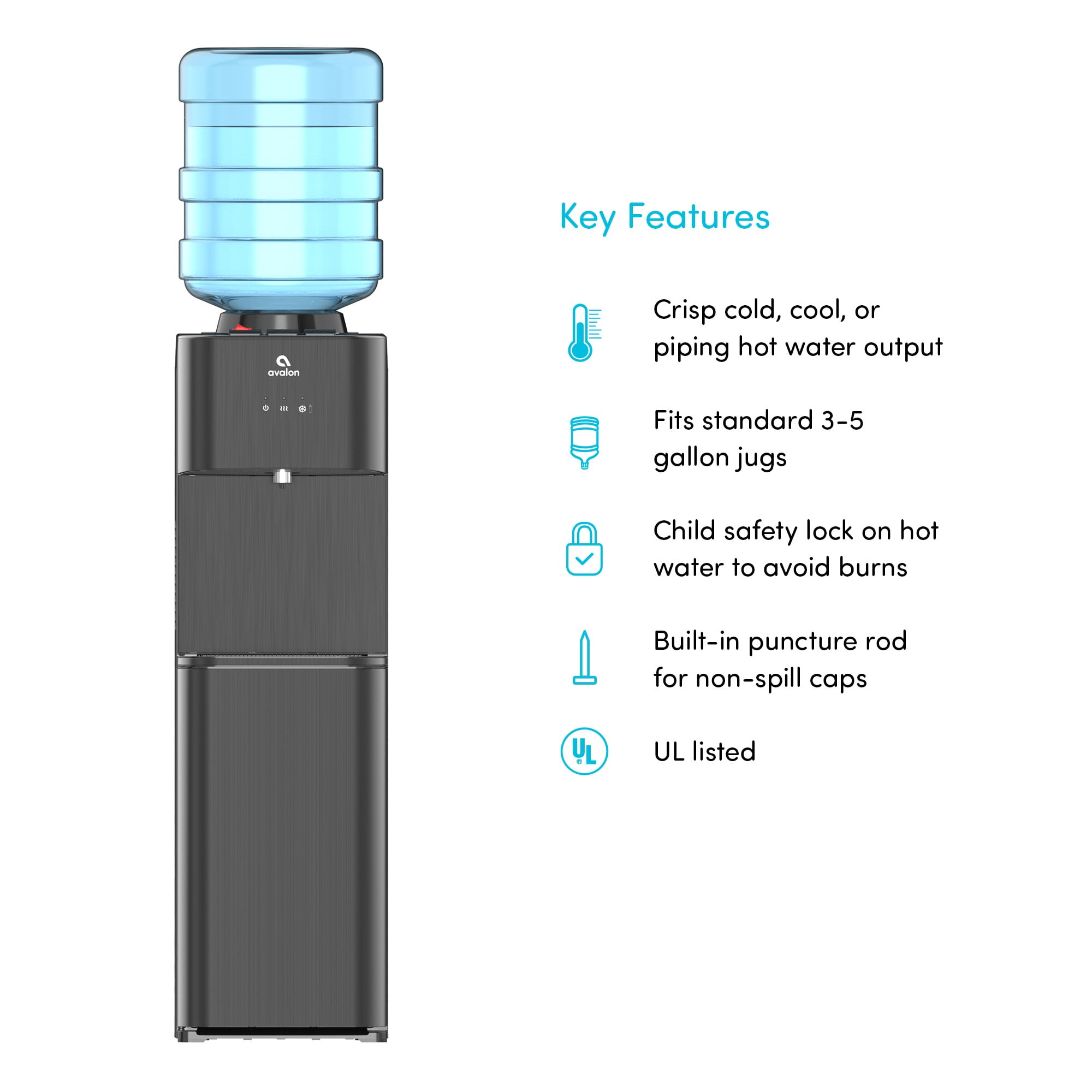 Avalon Top Loading Water Cooler Dispenser - 3 Temperature, Child Safety Lock, Innovative Design, UL Listed- Black Stainless Steel