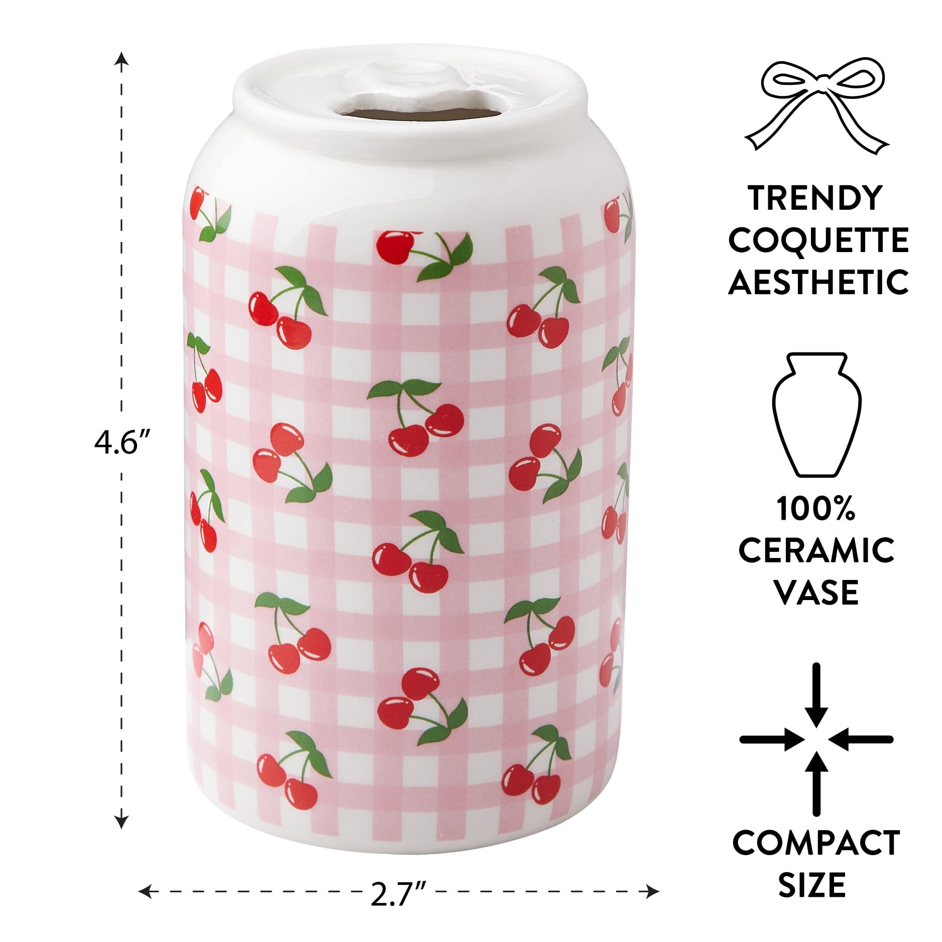 Mainstays Pink Gingham Cherry Soda Can Ceramic Vase, 2.76" L x 4.5" H