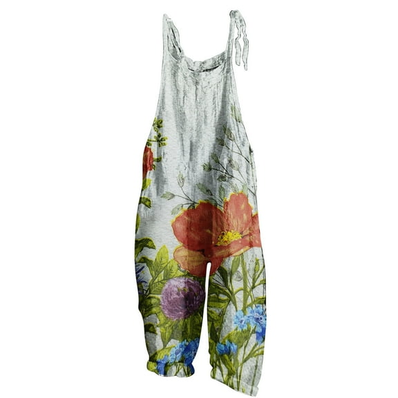 clear 50% off Usmixi Jumpsuits for Women Loose Wide Leg Breathable Linen Spaghetti Strap Fashion Pocket Baggy Jumpsuits Overalls Summer Formal Floral Print Crewneck Sleeveless Long Rompers Gray s