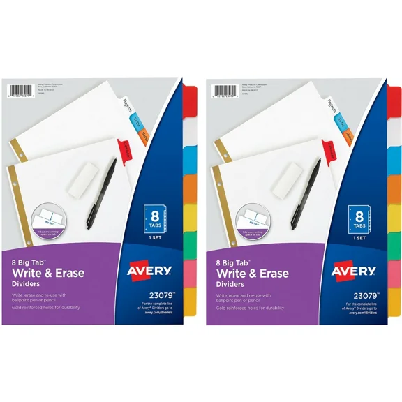 Avery 8-Tab Binder Dividers,2 Set Write & Erase Multicolor Big Tabs 3-Hole Punch