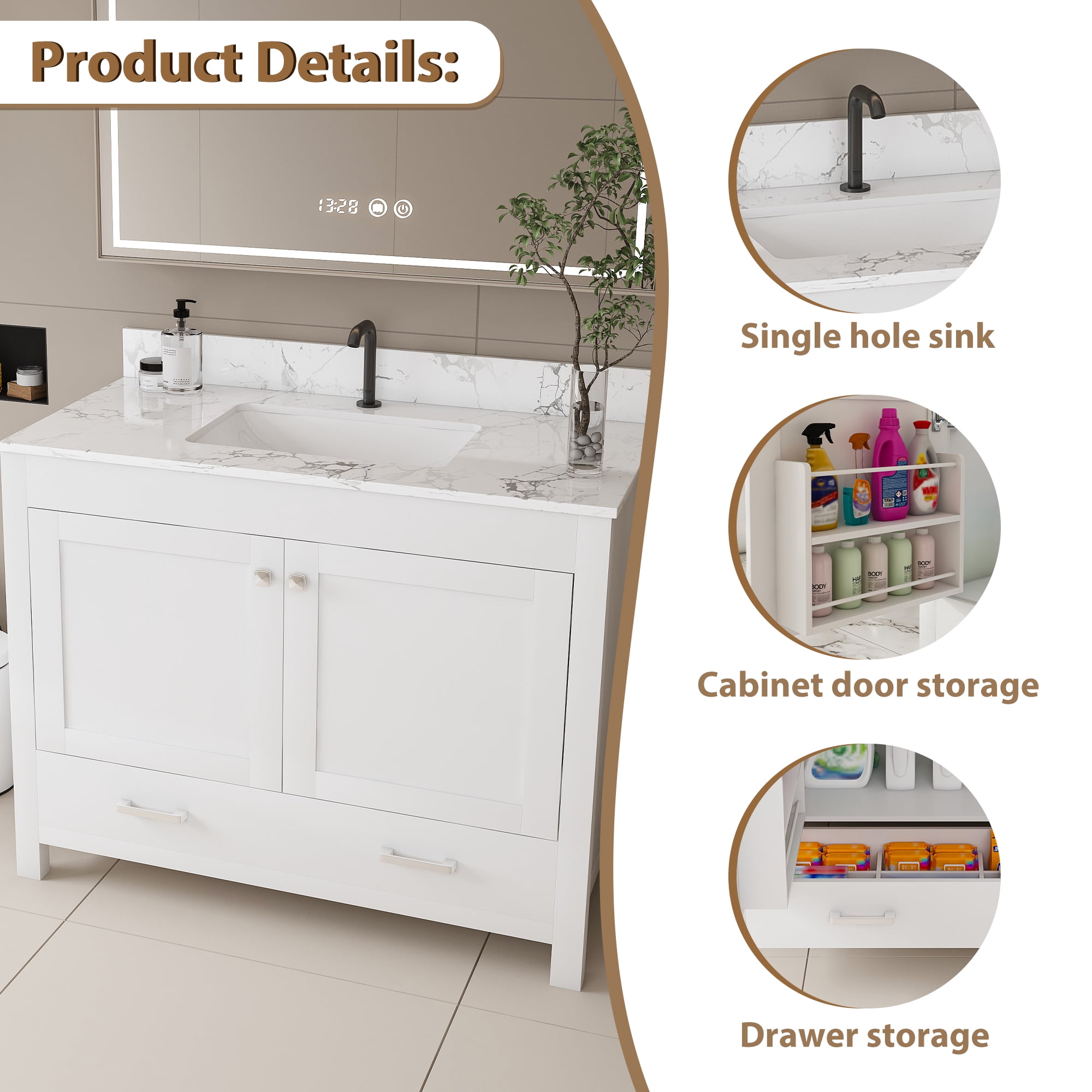 Mintazer 43 Inch Bathroom Vanity Cabinet with Sink, Bathroom Storage Cabinet with Drawer & Single‑Hole Marble‑Pattern Vanity Top for Bathroom, White