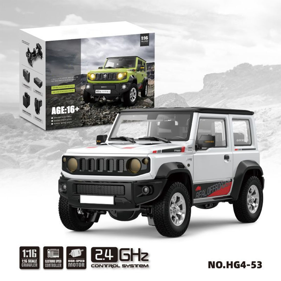 1/16 Scale 2.4GHz 4WD RC Off-Road Car HG4-53 with Smoke Generator & Sound Ready to Run Electric Climbing Vehicle（White）