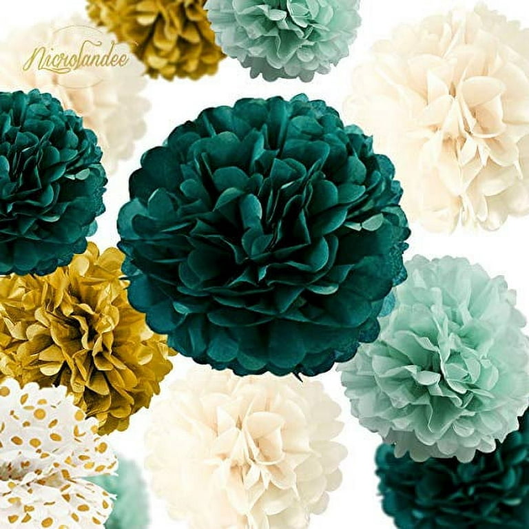 NICROLANDEE Wedding Party Decorations - 12 Pcs Green Ivory Tissue Paper Pom Poms for Neutral Baby Shower, Vintage Party, Birthday, Bridal Showers