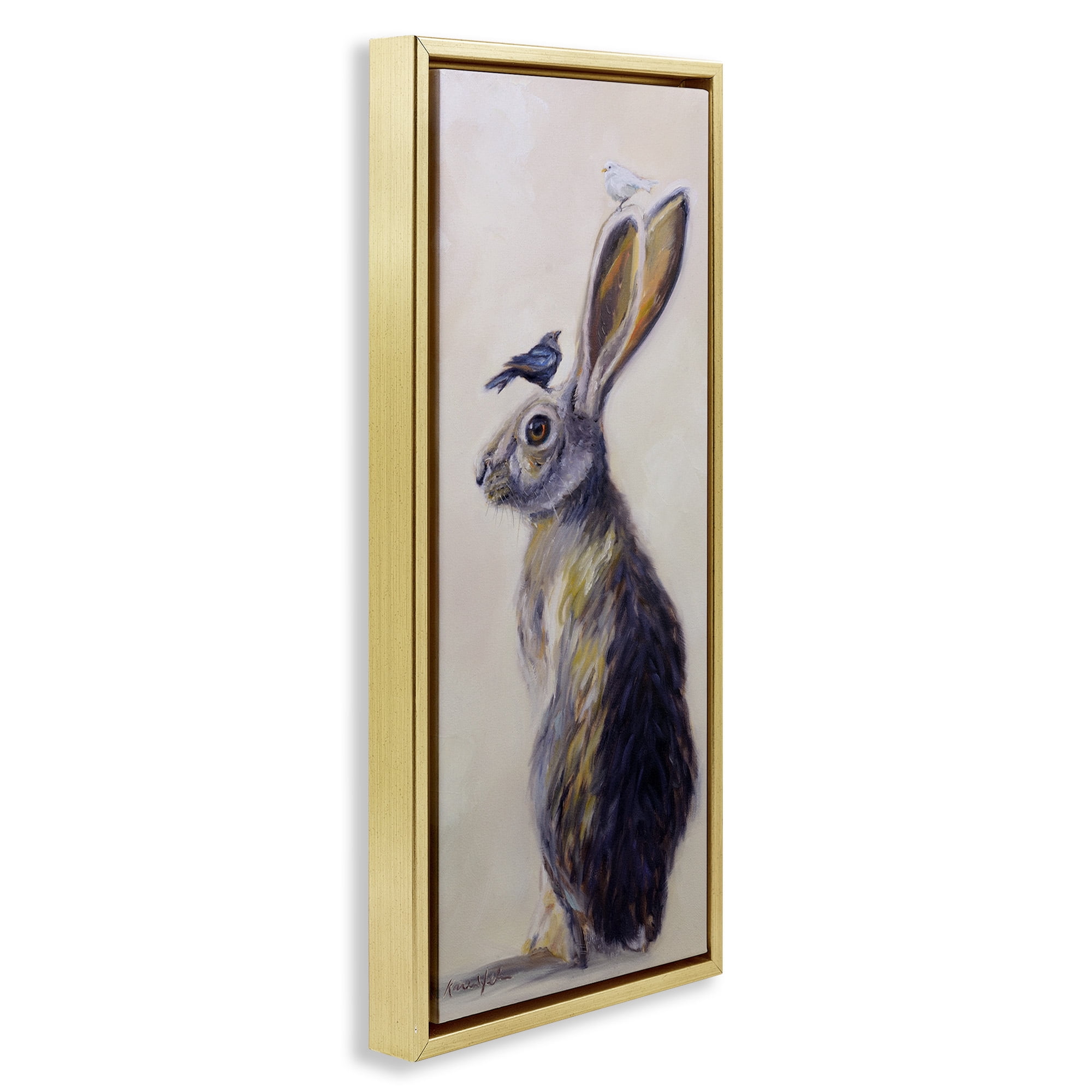 Stupell Industries Minimal Rabbit & Perched Birds Animals & Insects Painting Gold Floater Framed Canvas Art Print Wall Art, 11 x 25