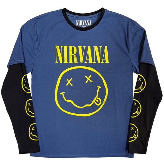 Nirvana Unisex Layered Long Sleeve T-Shirt Yellow Happy Face (Denim Blue & Black) (Sleeve Print)