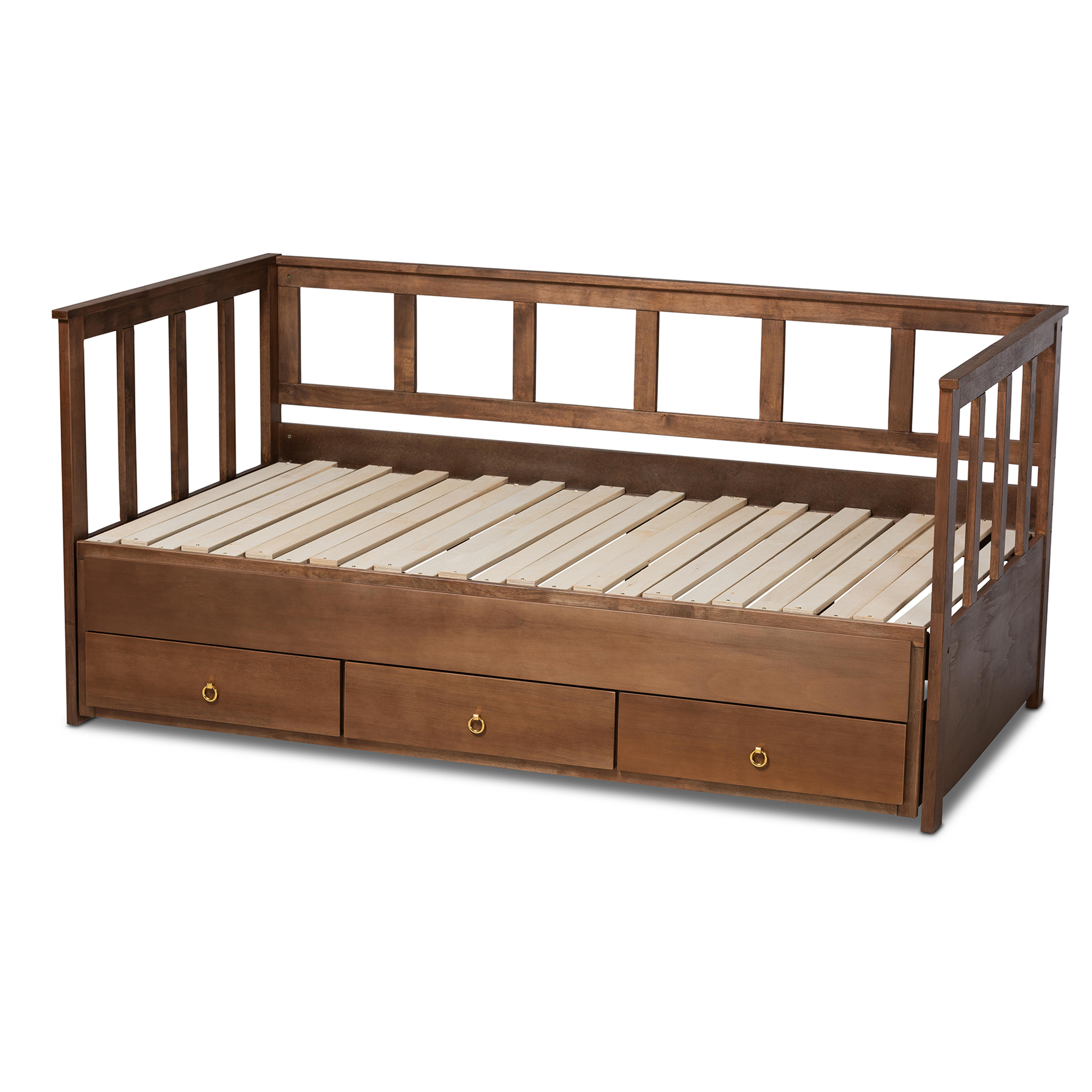 Baxton Studio Kendra Modern and Contemporary Walnut Brown Finished Expandable Twin to King Daybed with Storage Drawers, Walnut/Gold