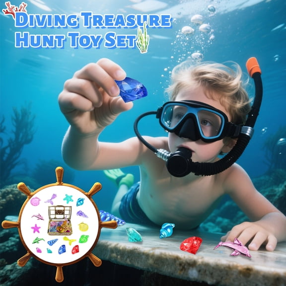 1Pc Diving Treasure Hunt Game Set Pirate Treasure Chest Acrylic Ocean Gems Toy - With 16 Gem Toys, Suitable For Pool, Underwater Play, Party Favors - For Toddlers