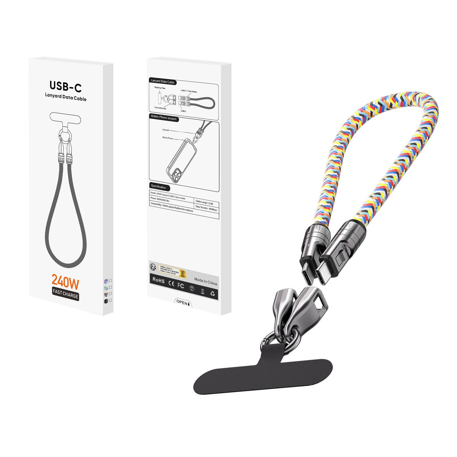 Type C to Type C 240W Charging with Wearable Bracelet Design 5A Fast Charging USB C Phone Crossbody&Wrist Strap Lanyard Portable Fashion Fast Charger (30cm/11.8in)