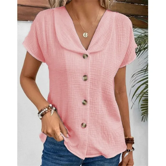 Blusa informal de manga corta con cuello de bebé para mujer, Rebeca de un solo pecho, Color liso, estilo dulce, verano, 2024