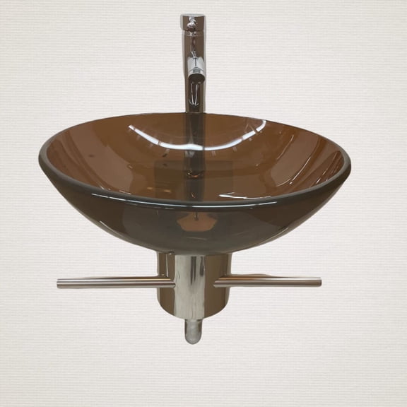 Lorixon LV-002BRWN Elegant Modern Floating Small Bathroom Vanity Tempered Glass Dark Brown Vessel Sink Wall Mount Stainless Steel Pedestal Clear Glass Shelve Towel Bar Pop up Combo Set