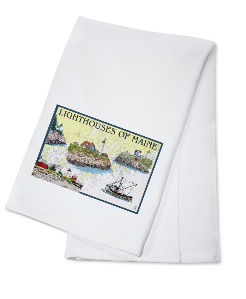 Lighthouses of Maine, Nautical Chart (100 Cotton Tea Towel, Decorative