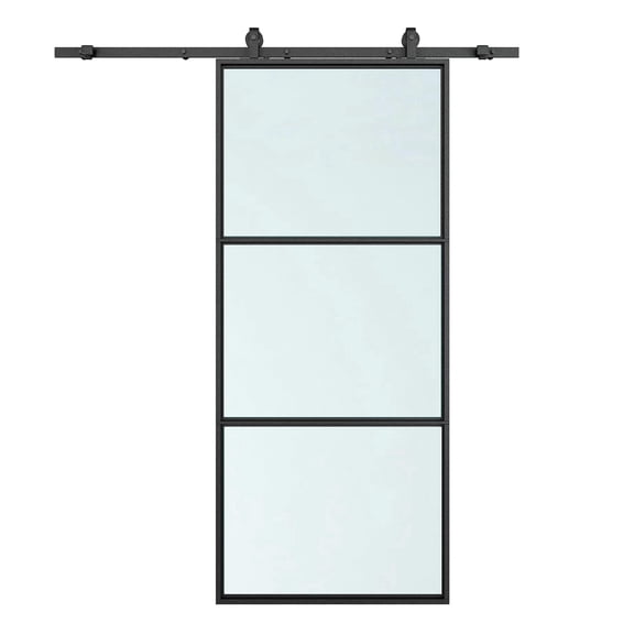 24 in. x 84 in. Full Lite Frosted Glass Black Steel Assembly Required Sliding Barn Door with Hardware Kit