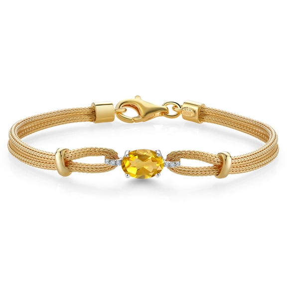 Gem Stone King 925 Two Tone Sterling Silver Yellow Citrine and White Lab Grown Diamond Bracelet for Women (1.34 Cttw, Gemstone November Birthstone, Oval 8X6MM, 6.5/7/7.5 inches, Made in Italy)