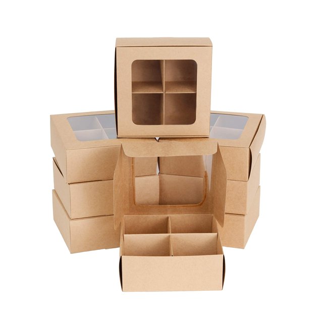 GRETEL BAKING Gretel 6X6 Cajas De Panadería Marrón Con Ventana Y Divisores | Caja De Brownie De Cuatro Compartimentos Para Galletas Pequeñas, Embutidos, Productos Horn