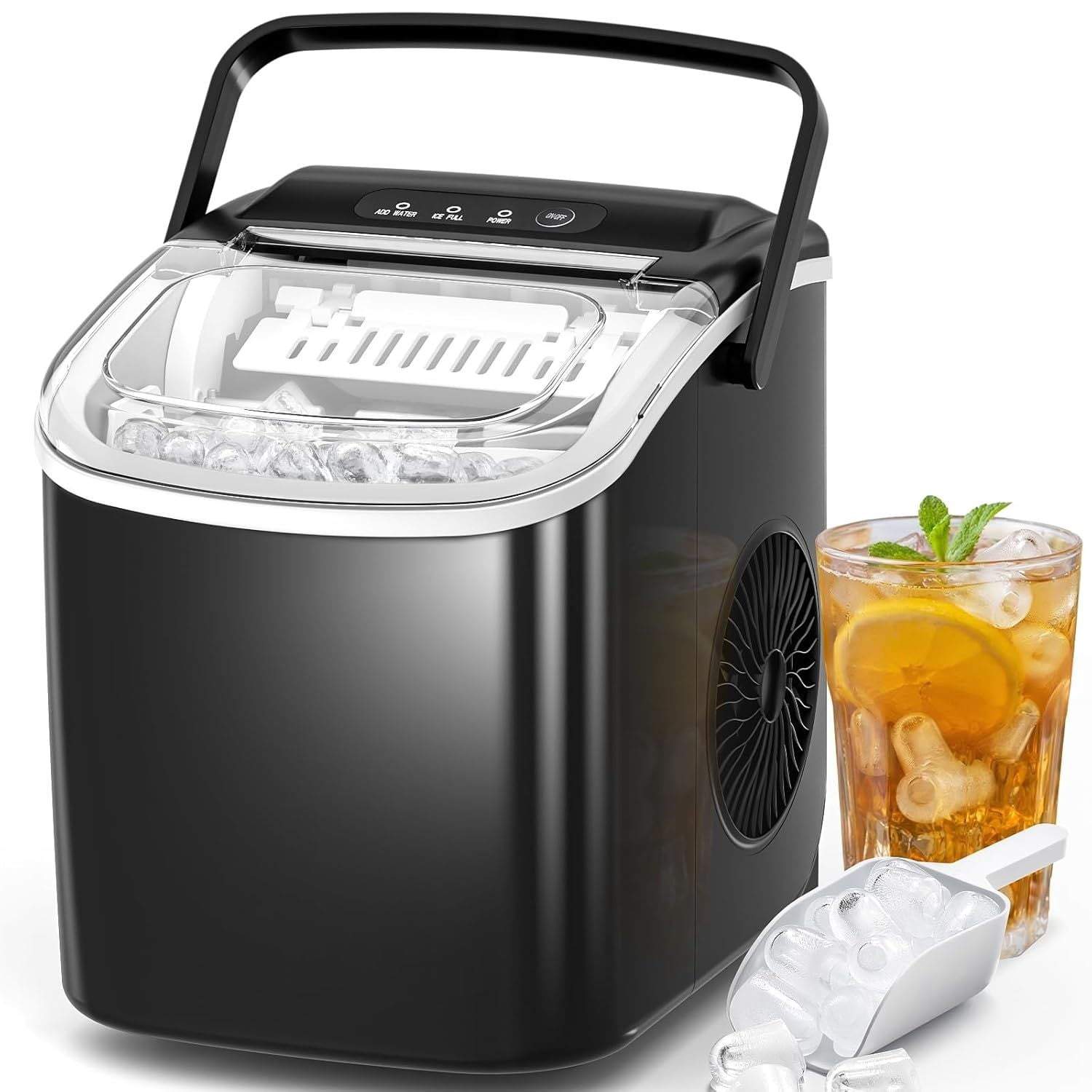 Ice Makers Countertop with Auto-Cleaning, 9 Bullet Ice Cubes in 6 Mins, 26lbs/Day, Portable Ice Machine with Handle, Basket and Scoop for Home, Kitchen, Office, Party