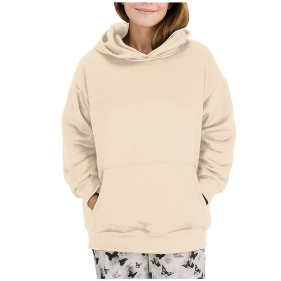 Goodeals Reduced,Oversized Hoodie for Women Trendy Long Sleeve Pullover Hoodies Basic Solid Sweatshirts with Pocket Fleece Sweatshirts Fashion Casual Tops(Beige,L)