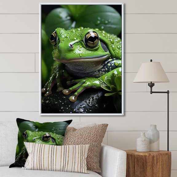 Designart "Portrait of a Green Frog" Animals Floater Framed Wall Art Print