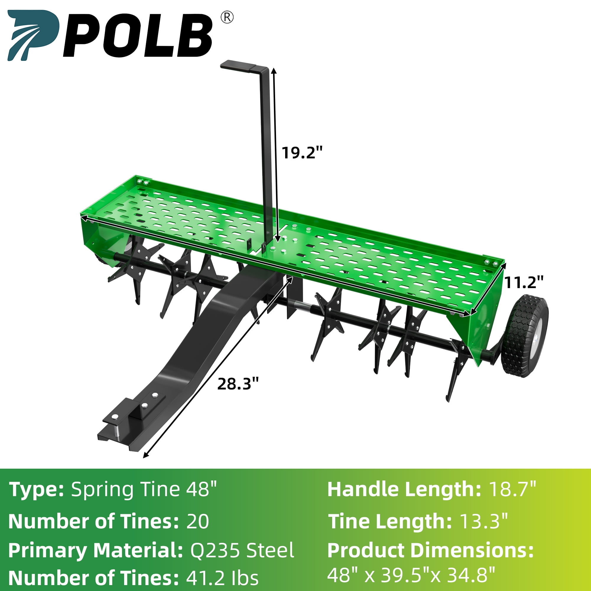 48" Tow Behind Lawn Plug Aerator with Universal Hich, Green Painted Galvanized Steel with Tray and Inflatable Wheels, Pull Behind Aerator for Garden, Farm and Lawn
