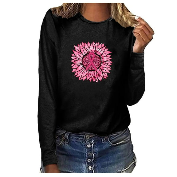 IROINNID Breast Cancer Pullover for Women Breast Cancer Awareness Loose O-Neck Printing Loose Long Sleeve Tops,Black