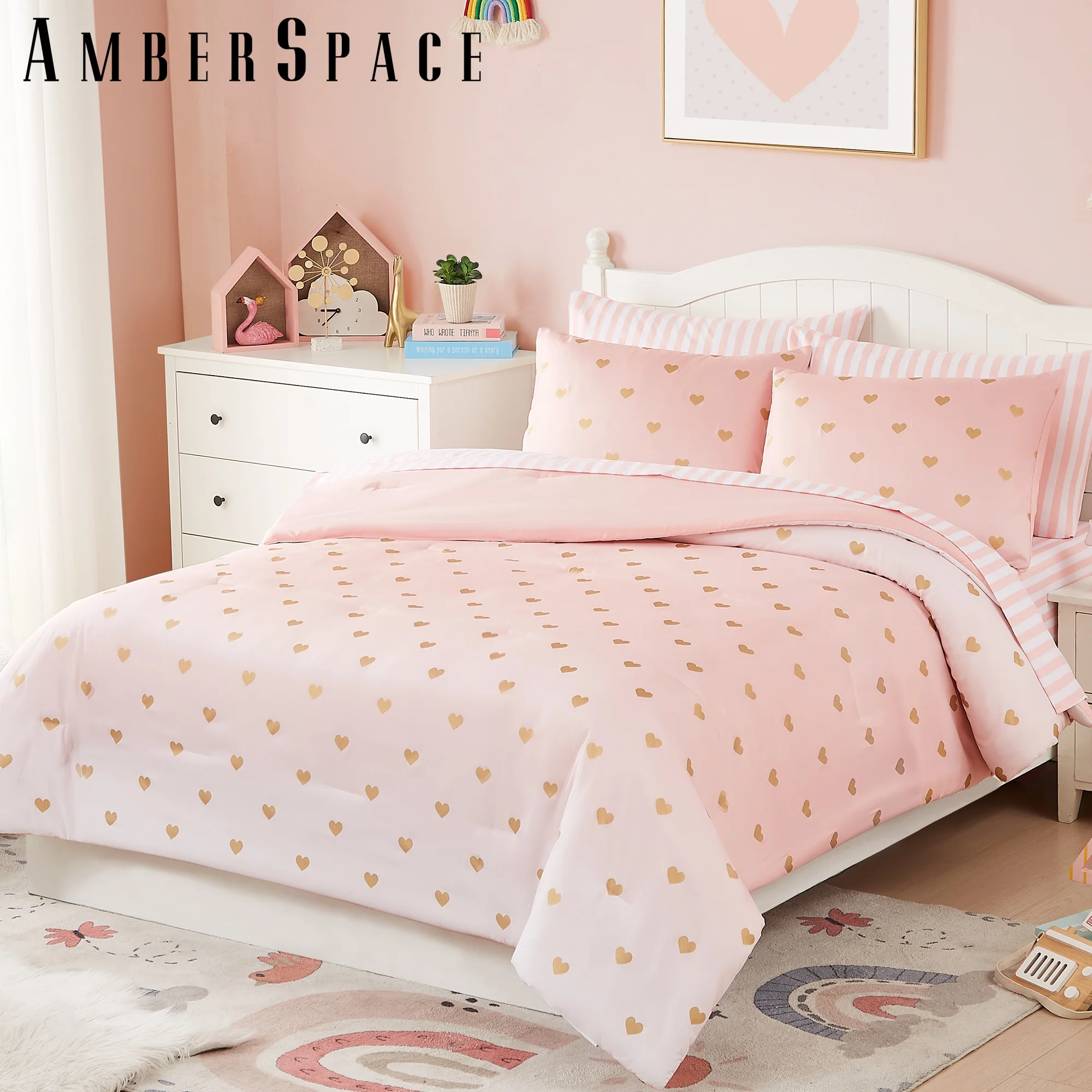 Amberspace gold foil Design 7-piece Bed in a Bag Comforter Set with Sheets,Pink Gold Heart,Queen