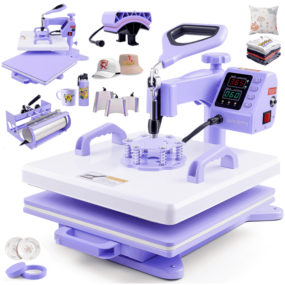 Adnoom Heat Press 15x15, 8 in 1 Multifunctional Shirt Press Machine Combo, 360° Swing Away Sublimation Heat Transfer with LED Display for T-shirts Mugs Hat Plate Cap, Purple